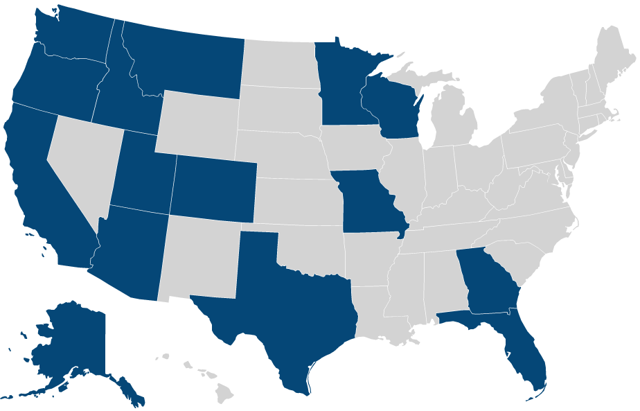 Map of USA with the states AZ, CA, CO, FL, GA, ID, MN, MO, MT, OR, TX, UT, WA, and WI highlighted